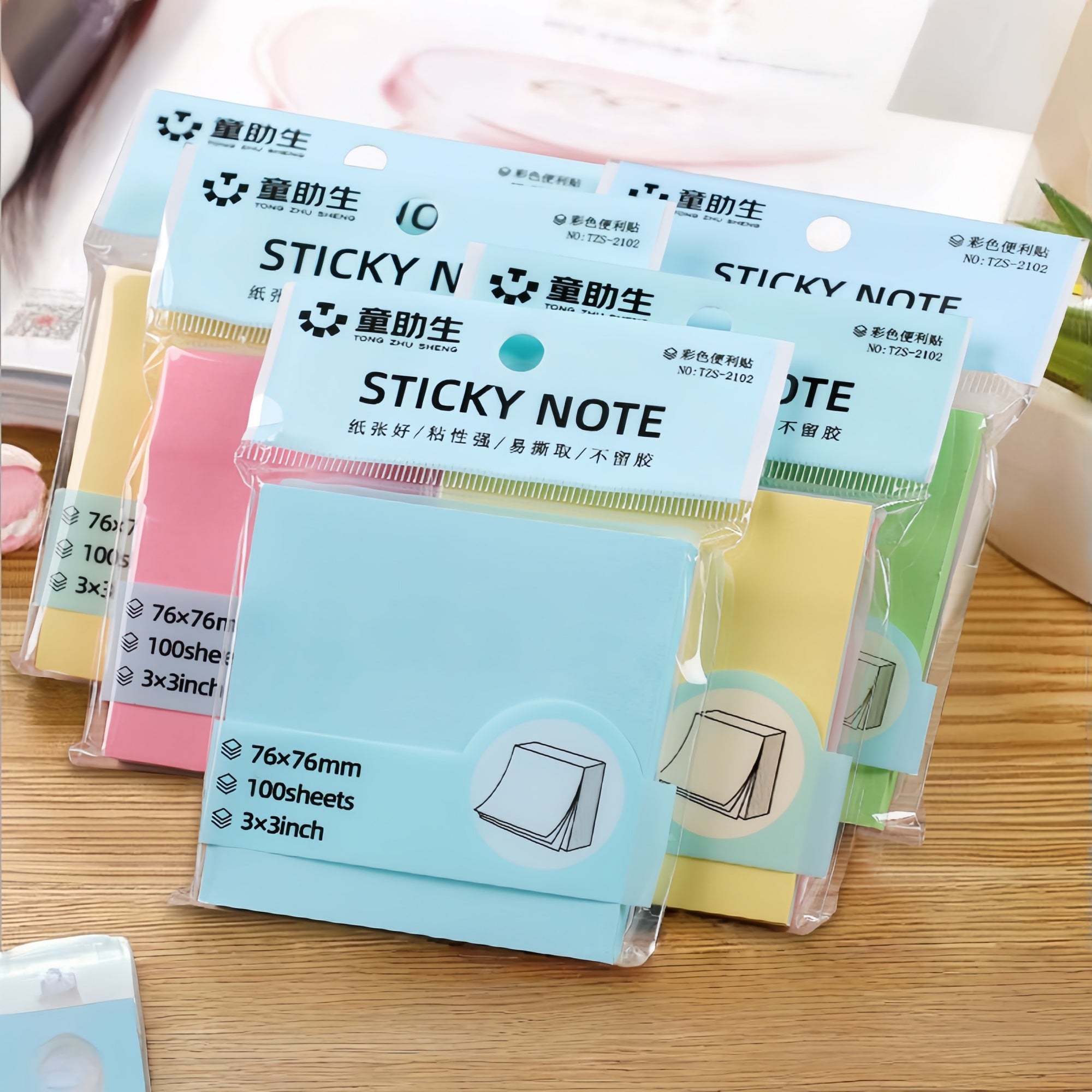 TongZhuSheng Colorful Sticky Notes | Super Sticky, Repositionable, No-Residue, 3 Sizes, 5 Colors