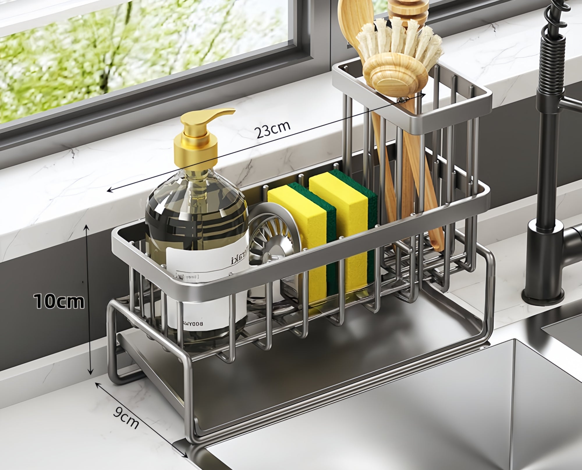 Sink-Side Dish Drying Rack & Sponge Holder – Space-Saving Organizer with Pull-Out Drip Tray (23cm)