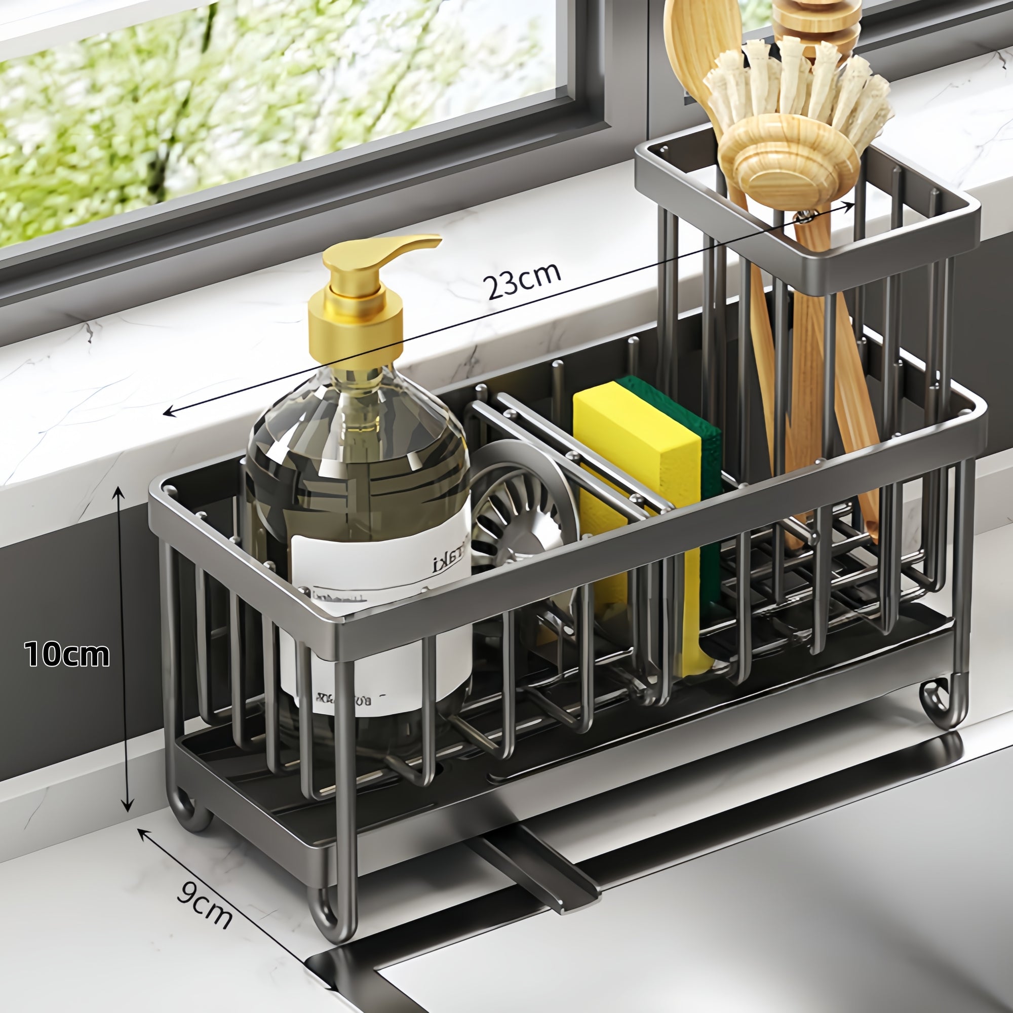 Sink-Side Dish Drying Rack & Sponge Holder – Space-Saving Organizer with Pull-Out Drip Tray (23cm)