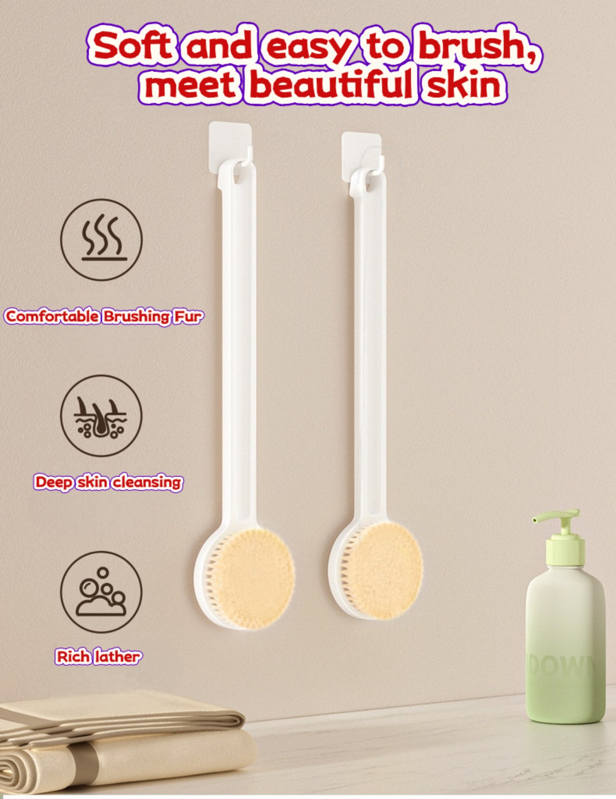 Long Handle Back Scrubber Bath Brush – Soft Bristles, Deep Cleansing, Rich Lather (149 Bristles, 36cm)