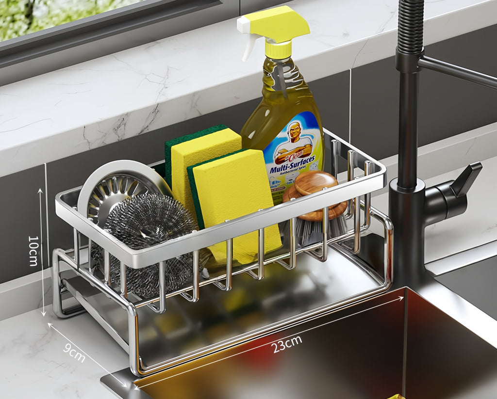 Sink-Side Dish Drying Rack & Sponge Holder – Space-Saving Organizer with Pull-Out Drip Tray (23cm)