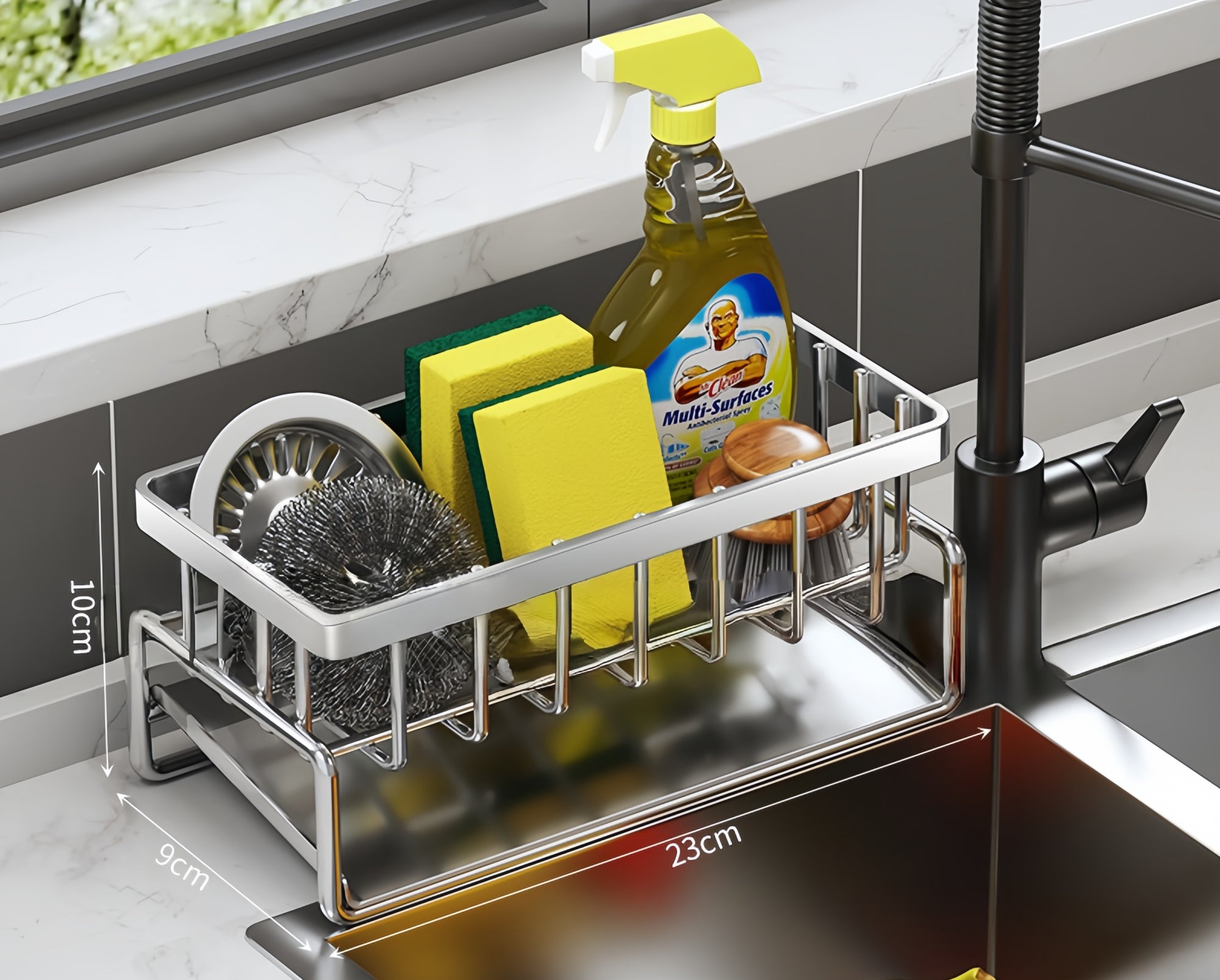 Sink-Side Dish Drying Rack & Sponge Holder – Space-Saving Organizer with Pull-Out Drip Tray (23cm)