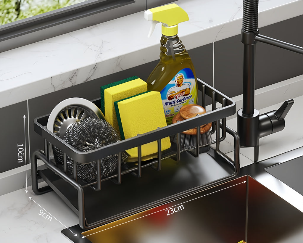 Sink-Side Dish Drying Rack & Sponge Holder – Space-Saving Organizer with Pull-Out Drip Tray (23cm)