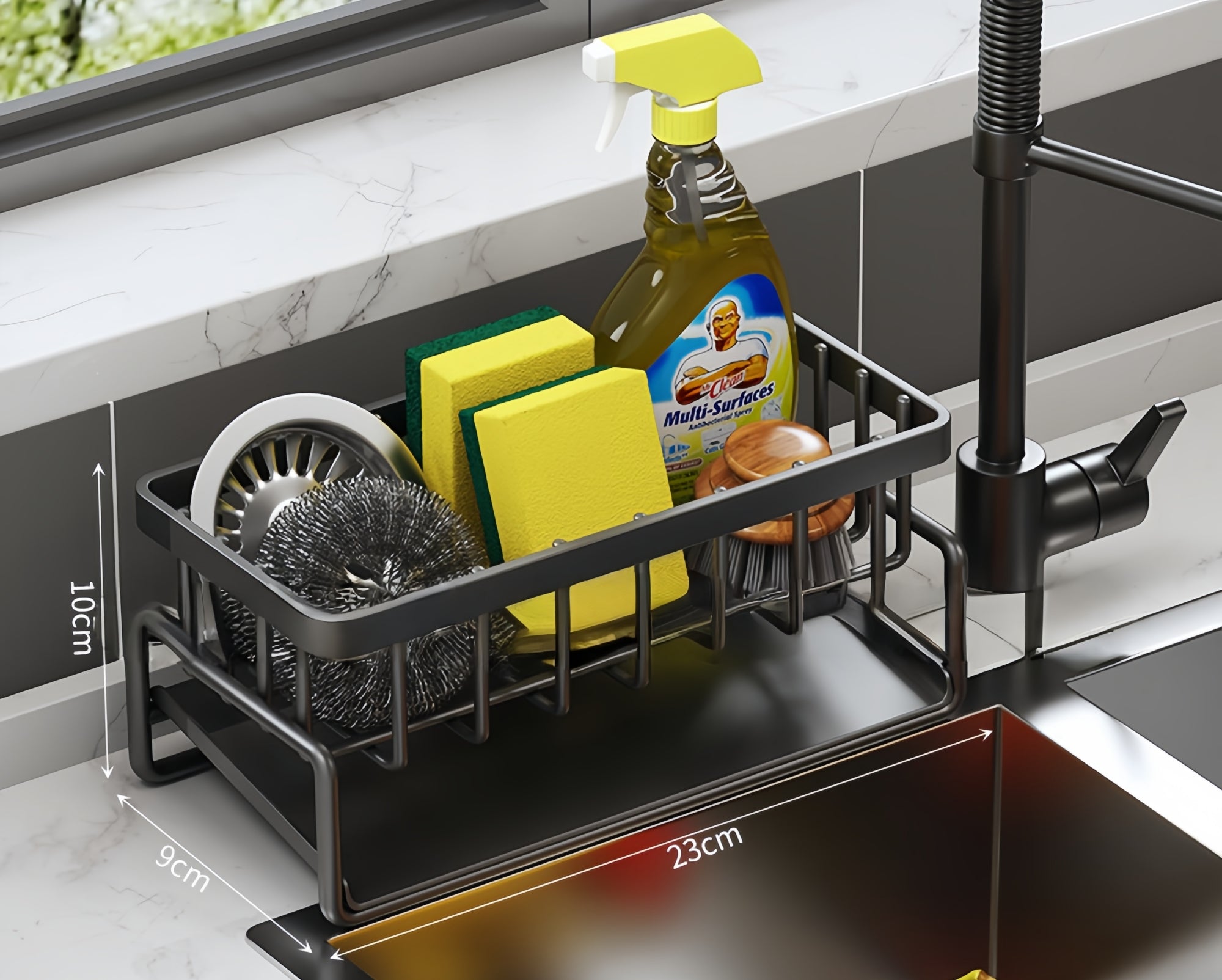 Sink-Side Dish Drying Rack & Sponge Holder – Space-Saving Organizer with Pull-Out Drip Tray (23cm)