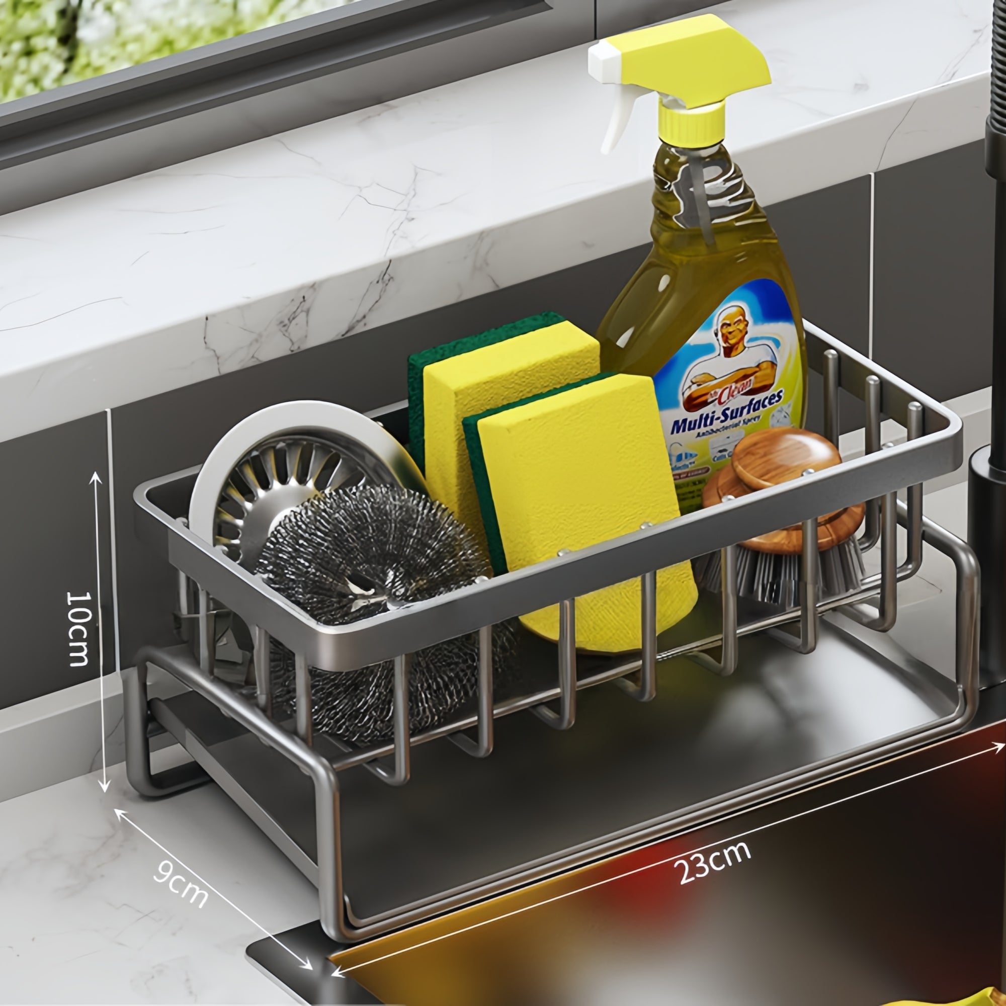 Sink-Side Dish Drying Rack & Sponge Holder – Space-Saving Organizer with Pull-Out Drip Tray (23cm)