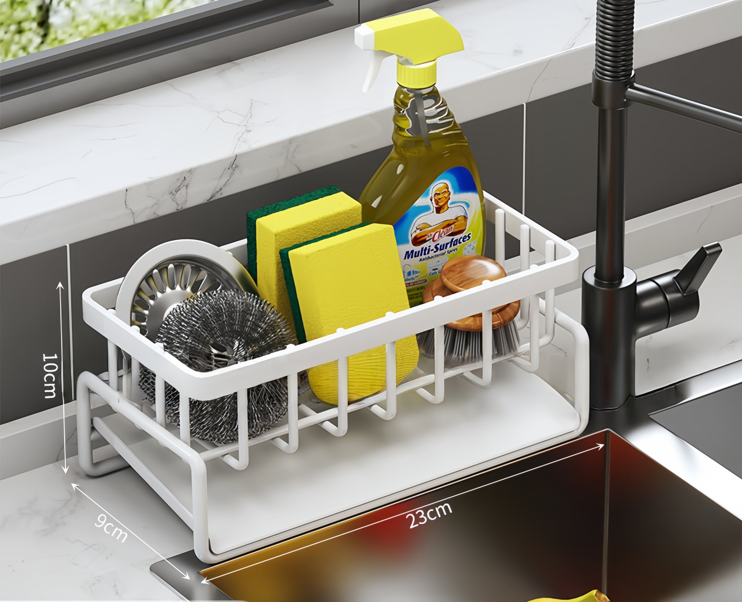 Sink-Side Dish Drying Rack & Sponge Holder – Space-Saving Organizer with Pull-Out Drip Tray (23cm)