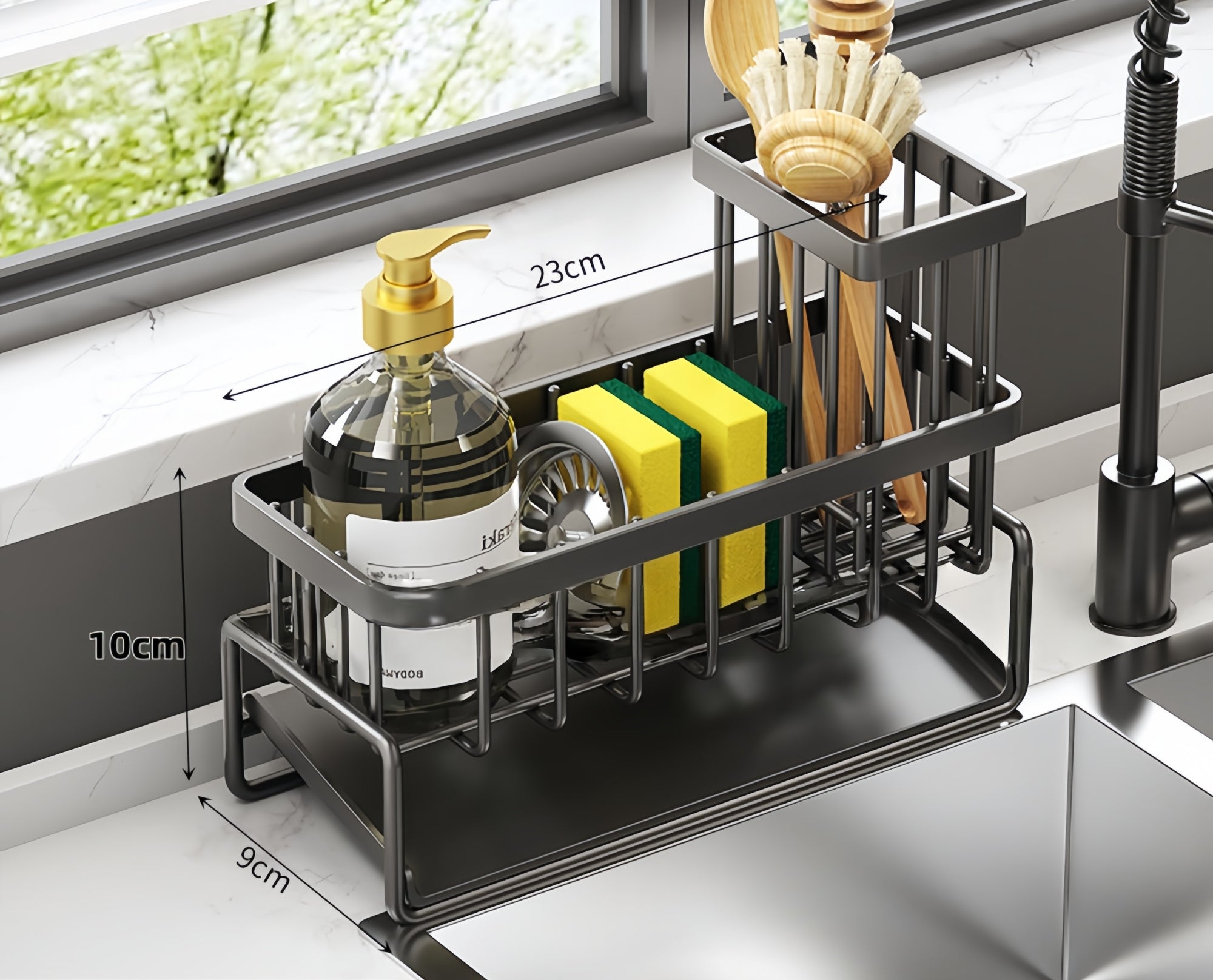 Sink-Side Dish Drying Rack & Sponge Holder – Space-Saving Organizer with Pull-Out Drip Tray (23cm)